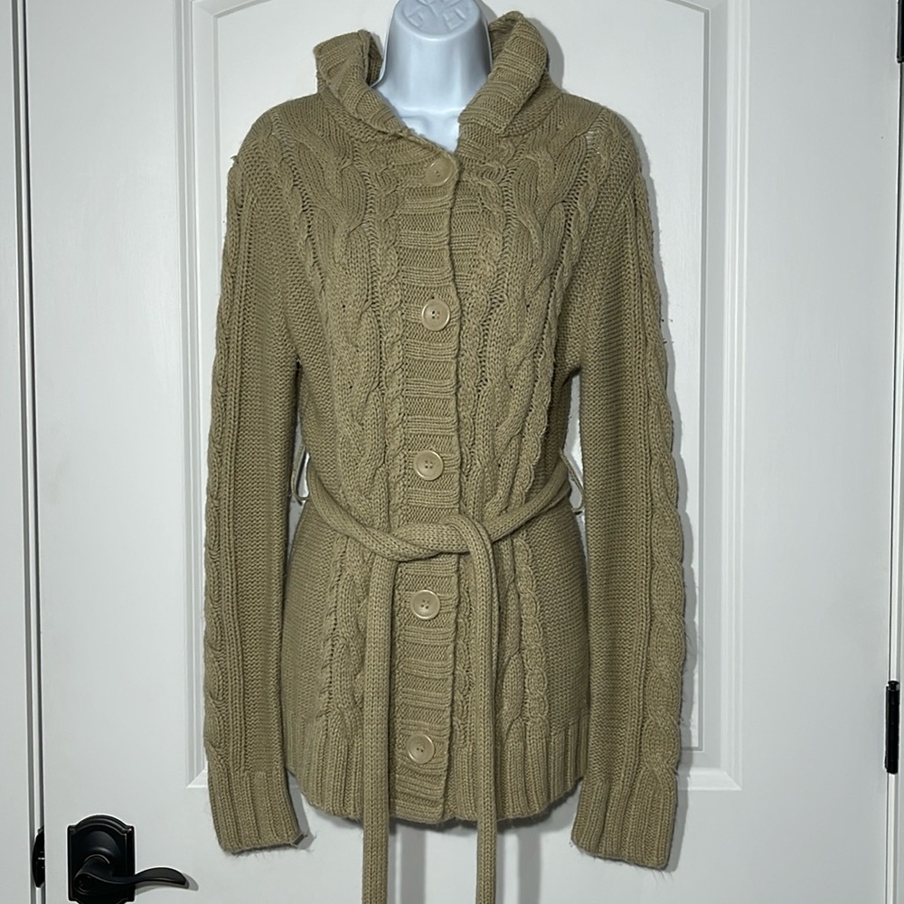 Arizona Jean Company Cable Knit Hooded Cardigan in Olive/Taupe